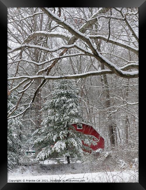 Snowy Red Barn Framed Print by Frankie Cat