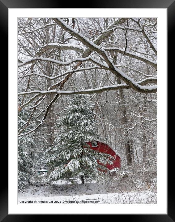 Snowy Red Barn Framed Mounted Print by Frankie Cat