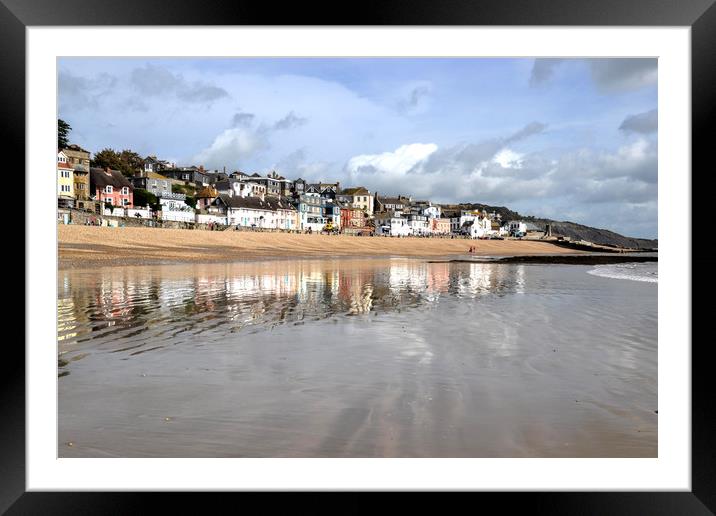 Lyme Regis reflected in the sand and sea Framed Mounted Print by Lynn Carter