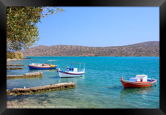 Colourful Boats in Elounda Bay, Crete, Greece Framed Print by Kasia Design