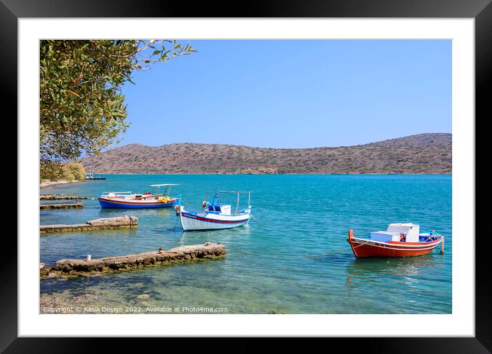 Colourful Boats in Elounda Bay, Crete, Greece Framed Mounted Print by Kasia Design