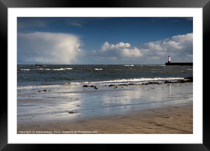 Berwick Lighthouse Reflections on the Beach Framed Mounted Print by Kasia Design