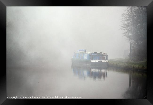 Houseboat on the Grand Union Canal in the fog  Framed Print by Rosalind White