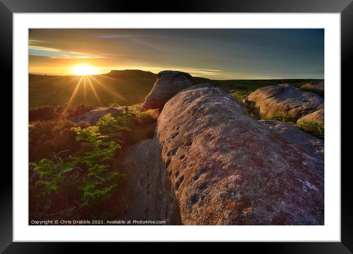 Higger Tor from Burbage Edge at sunset Framed Mounted Print by Chris Drabble
