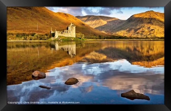 Kilchurn Castle at dawn reflected in Lock Awe Framed Print by Chris Drabble