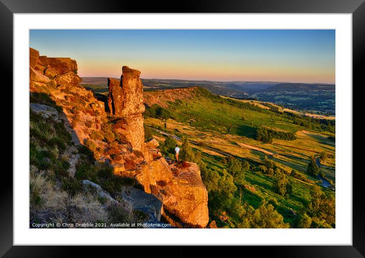 Pinnacle Rock on Curbar Edge at sunset Framed Mounted Print by Chris Drabble