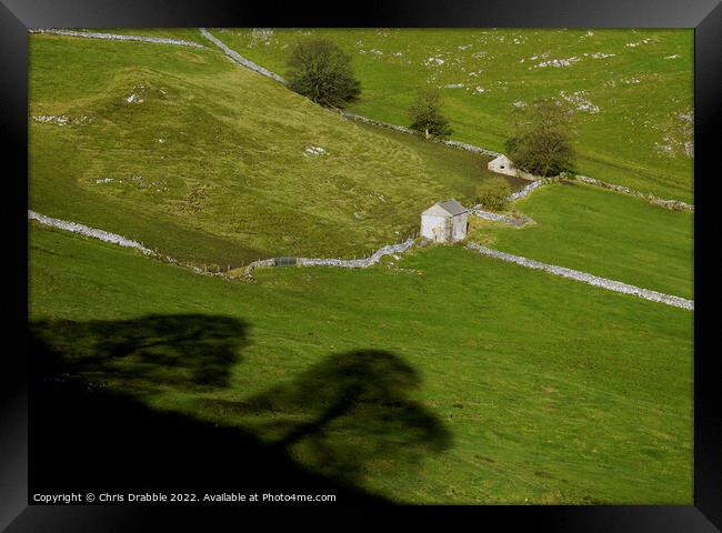 Field barns and shadows at Chrome Hill  Framed Print by Chris Drabble