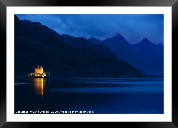 A Floodlit Eilean Donan Castle and Five Sisters Framed Mounted Print by Chris Drabble