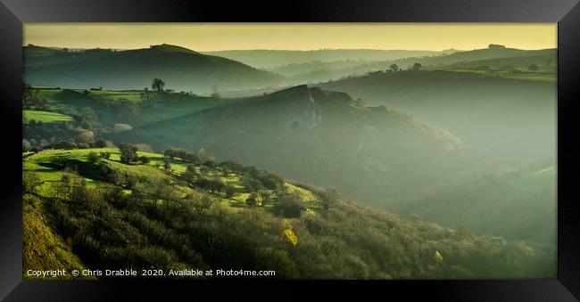 Thor's Cave from Wetton Hill in low winter light Framed Print by Chris Drabble