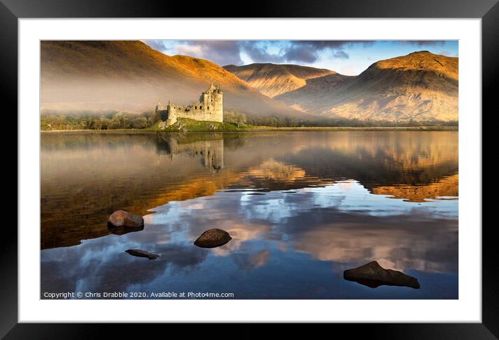 Kilchurn Castle at dawn reflected in Lock Awe Framed Mounted Print by Chris Drabble