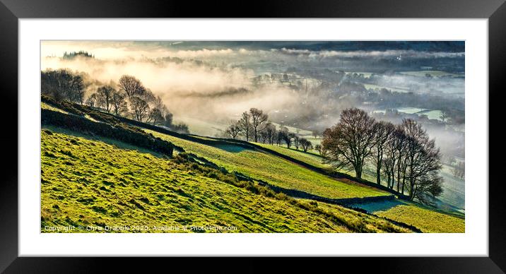Bamford village shrouded in mist Framed Mounted Print by Chris Drabble
