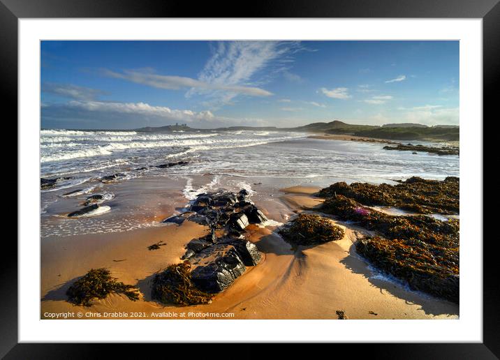 Dunstanburgh Castle from Embleton beach Framed Mounted Print by Chris Drabble
