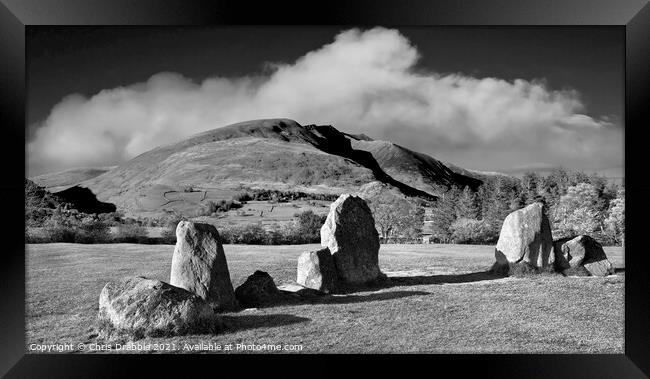 Castlerigg Stone Circle and Blencathra in mono Framed Print by Chris Drabble