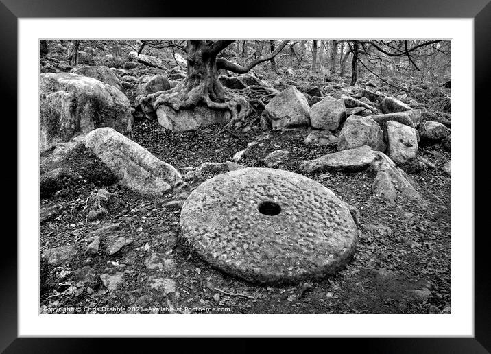 Millstone in Padley Gorge (Mono) Framed Mounted Print by Chris Drabble