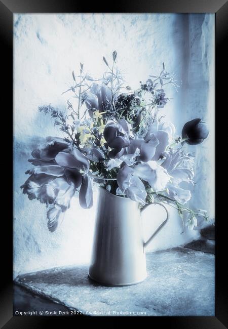 Rustic Elegance: Blue-Toned Floral Display Framed Print by Susie Peek