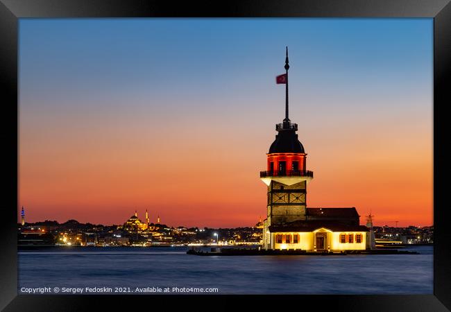 Sunset over Bosphorus with famous Maiden's Tower. Istanbul, Turkey Framed Print by Sergey Fedoskin