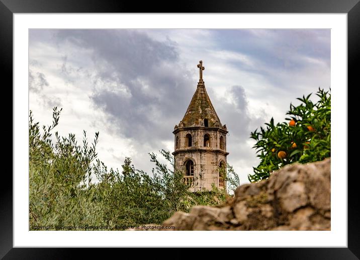 A view of the Franciscan monastery bell tower in Cavtat, Croatia. Framed Mounted Print by Sergey Fedoskin