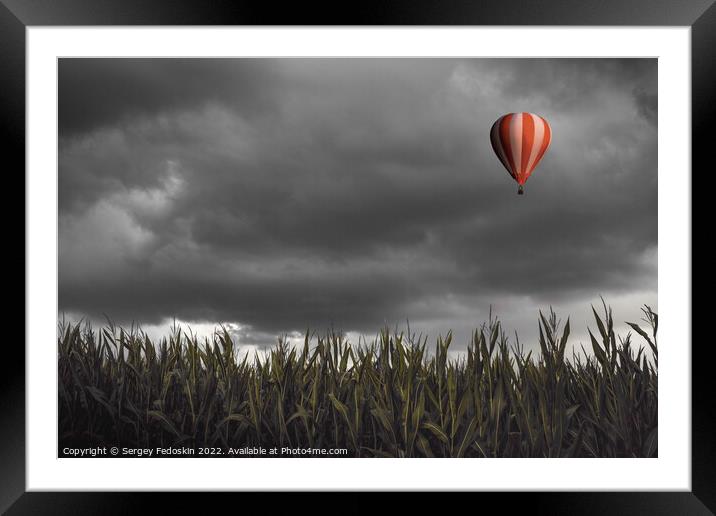 Hot air balloon flying over a corn field Framed Mounted Print by Sergey Fedoskin