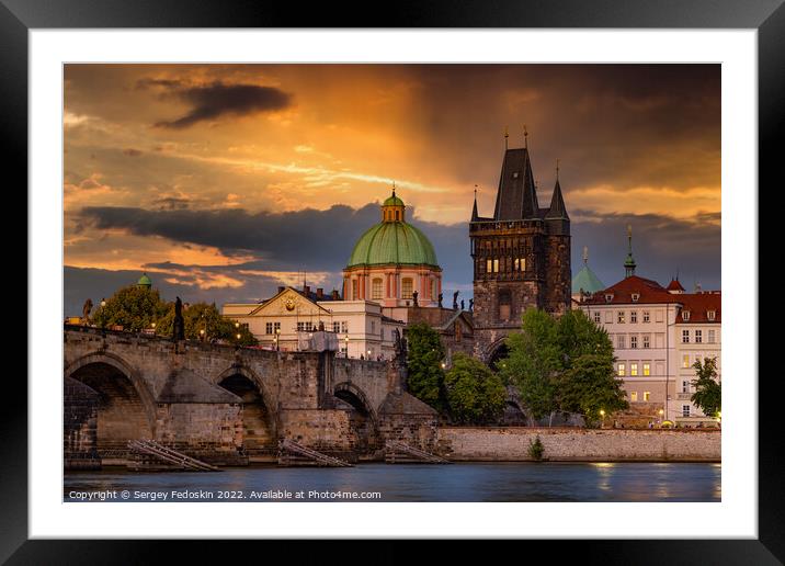 Colorful sunset view on old town, Charles bridge (Karluv Most - in czech) and Vltava river, Prague, Czech Republic. Framed Mounted Print by Sergey Fedoskin