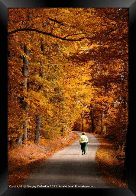 Woman on the road in the autumn forest. Framed Print by Sergey Fedoskin