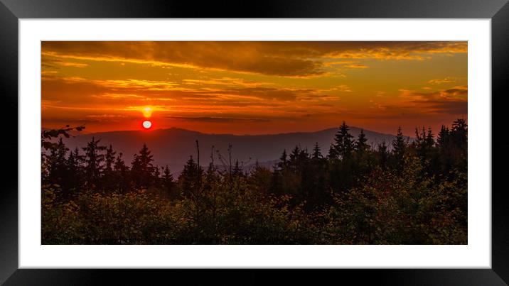 Sunset in Sumava forest. Framed Mounted Print by Sergey Fedoskin