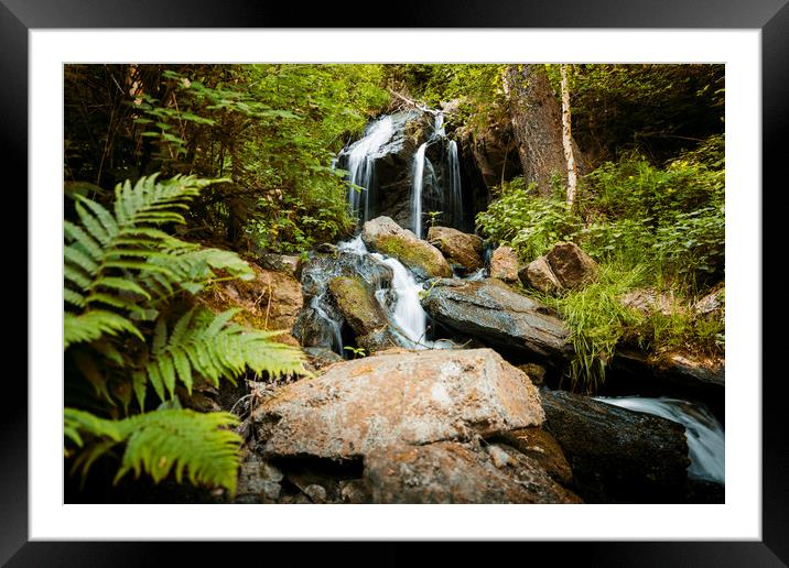 Cascade falls over mossy rocks in Czech forest. Framed Mounted Print by Sergey Fedoskin