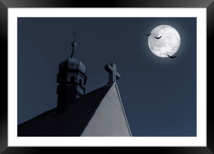 Night sky and the moon behind the church. Framed Mounted Print by Sergey Fedoskin