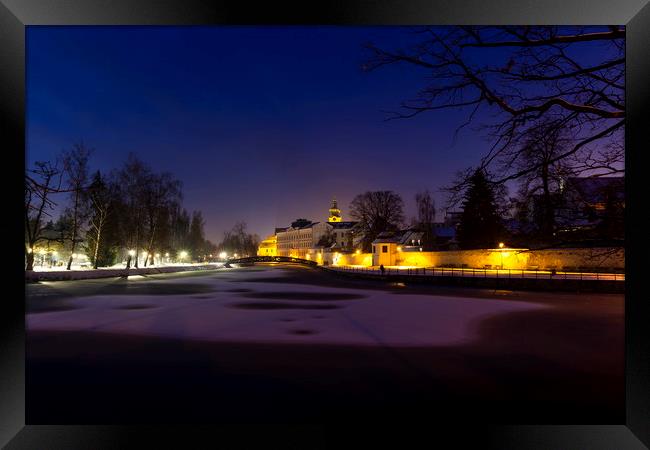 Winter night in Ceske Budejovice at Christmas time Framed Print by Sergey Fedoskin