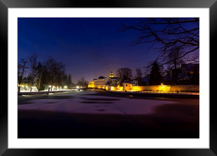 Winter night in Ceske Budejovice at Christmas time Framed Mounted Print by Sergey Fedoskin