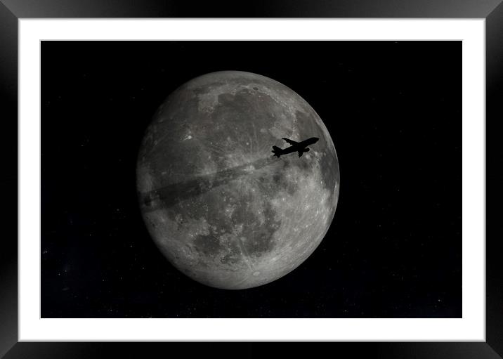 Airplane flying across a full moon. Framed Mounted Print by Sergey Fedoskin