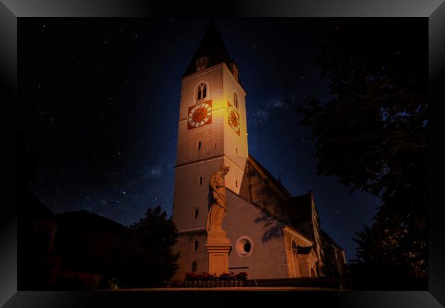 A clock tower lit up at night. Spitz village. Wachau valley. Austria. Framed Print by Sergey Fedoskin