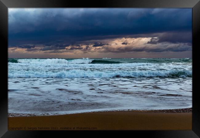 Sea waves in mediterranean sea during storm. Framed Print by Sergey Fedoskin