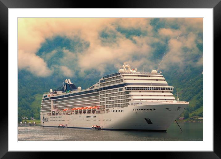 A cruise ship on the Geiranger fjord Framed Mounted Print by Hamperium Photography