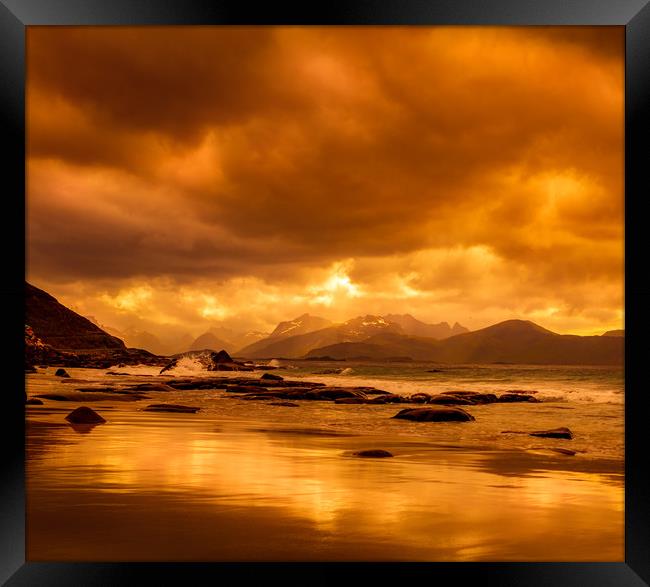 Sunset on a beach in Norway Framed Print by Hamperium Photography