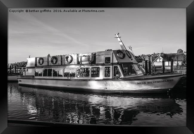 Black and white boat on Lake Windermere Framed Print by bethan griffiths