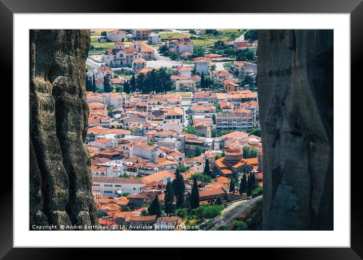 View of the roofs of Kalambaka buildings through t Framed Mounted Print by Andrei Bortnikau