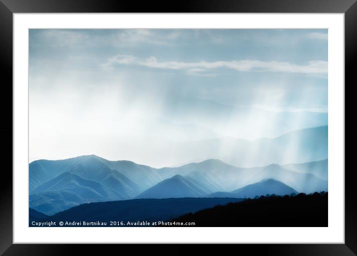 Hills with rainy ranges with sunlight Framed Mounted Print by Andrei Bortnikau
