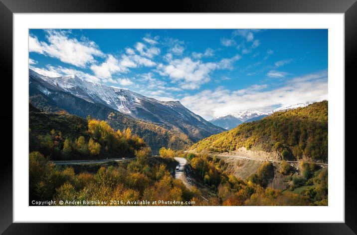 Winding road in mountains against sky, Georgia Framed Mounted Print by Andrei Bortnikau