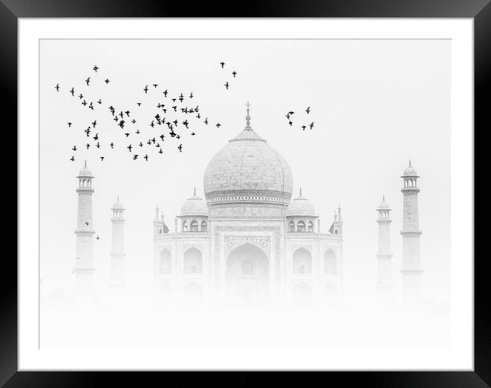 Taj Mahal with a flock of birds Framed Mounted Print by Thomas Herzog