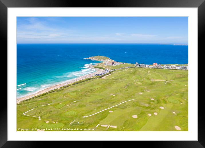 Aerial photograph of Fistral Beach and golf course , Newquay, Cornwall, England Framed Mounted Print by Tim Woolcock