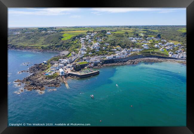 Aerial photograph of Coverack, Lizard, Helston, Cornwall, England  Framed Print by Tim Woolcock