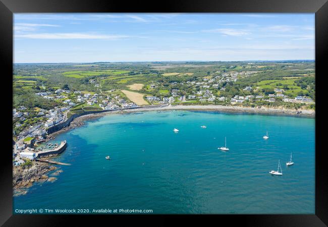Aerial photograph of Coverack, Lizard, Helston, Cornwall, England  Framed Print by Tim Woolcock