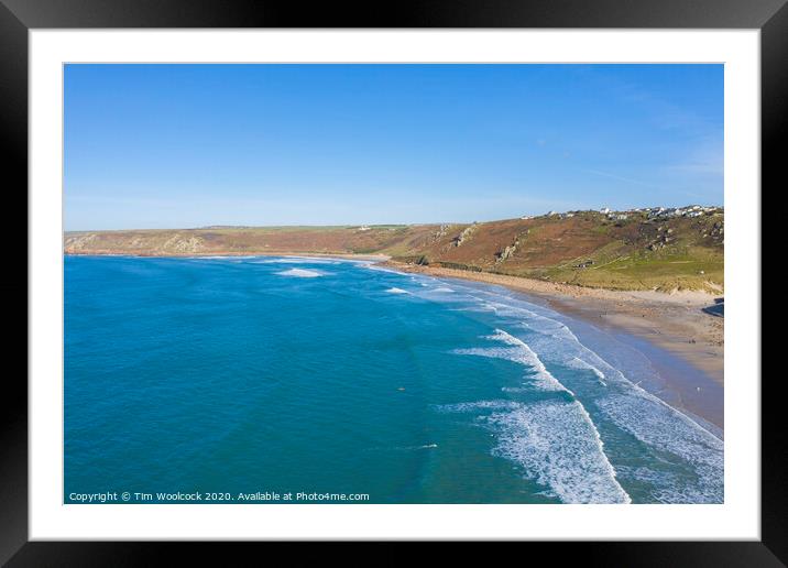 Aerial photograph of Sennen Cove, Penzance, Cornwall, England Framed Mounted Print by Tim Woolcock