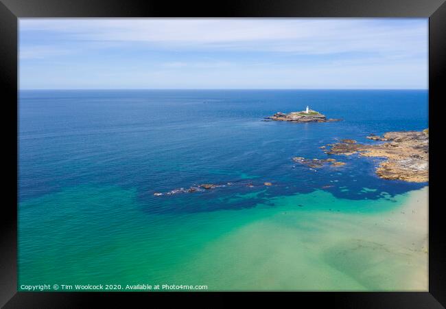 Aerial photography of Godrevy lighthouse  Framed Print by Tim Woolcock