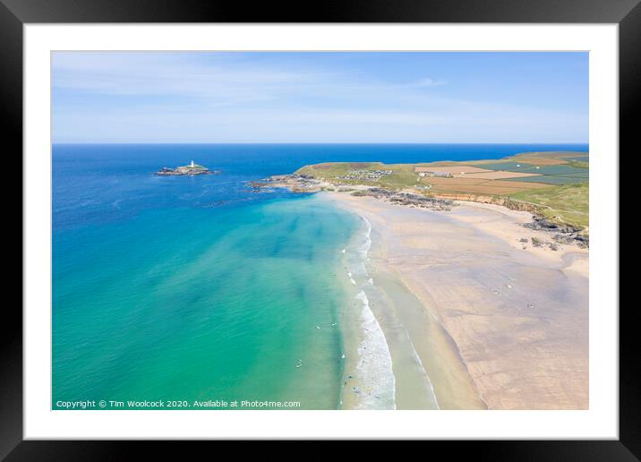 Aerial photography of Godrevy beach and lighthouse  Framed Mounted Print by Tim Woolcock