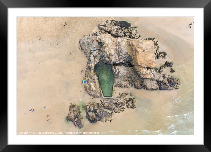 Aerial photograph of the swimming pool on Perranporth Beach nr Newquay, Cornwall, England. Framed Mounted Print by Tim Woolcock