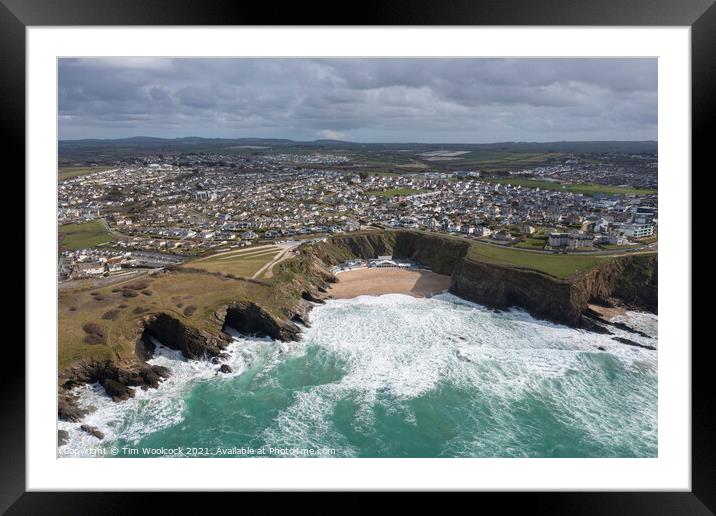 Aerial photograph of Lusty Glaze Beach, Newquay, Cornwall Framed Mounted Print by Tim Woolcock