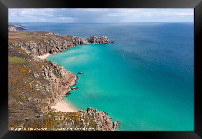 Aerial photograph of Porthcurno Beach nr Lands End, Cornwall, En Framed Print by Tim Woolcock