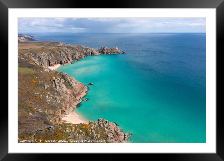 Aerial photograph of Porthcurno Beach nr Lands End, Cornwall, En Framed Mounted Print by Tim Woolcock