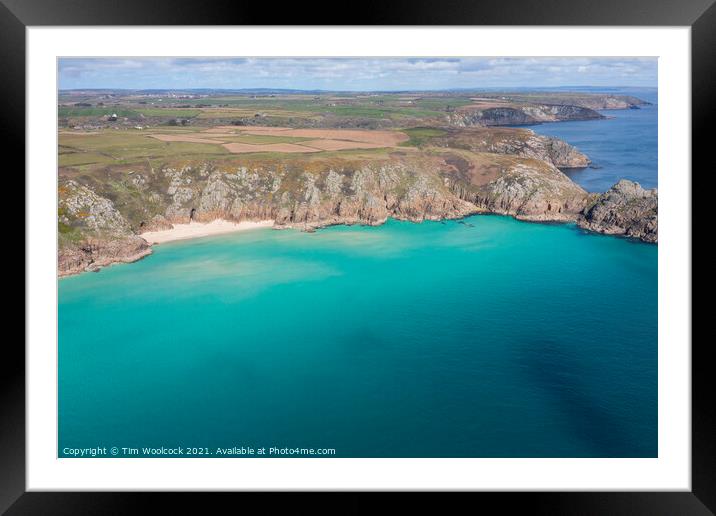 Aerial photograph of Pend Vounder Beach Beach nr Lands End, Corn Framed Mounted Print by Tim Woolcock